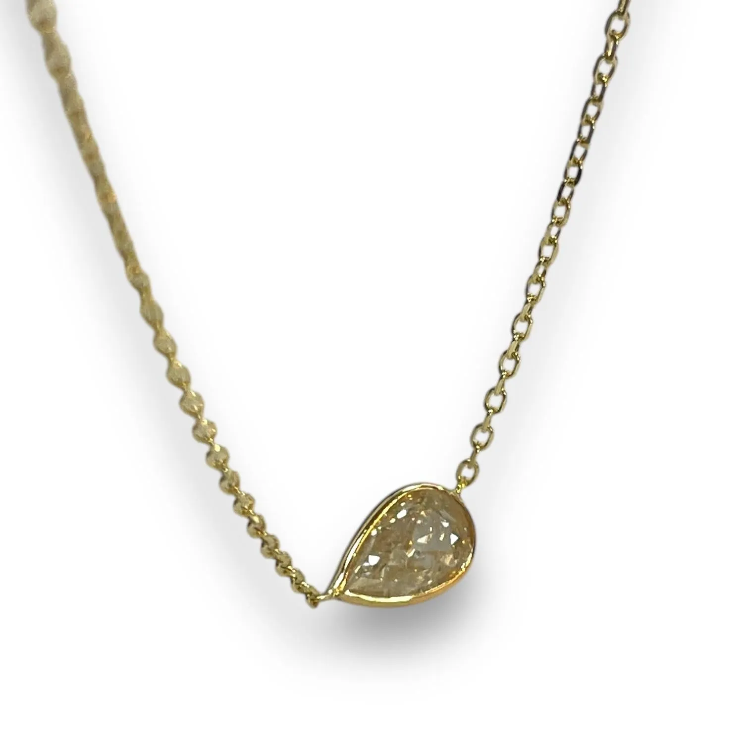 Refined 14K Yellow Gold 1.03ct Pear Natural Diamond Bezeled Necklace