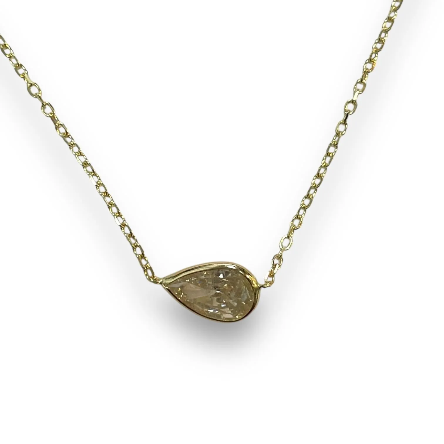 Refined 14K Yellow Gold 1.03ct Pear Natural Diamond Bezeled Necklace