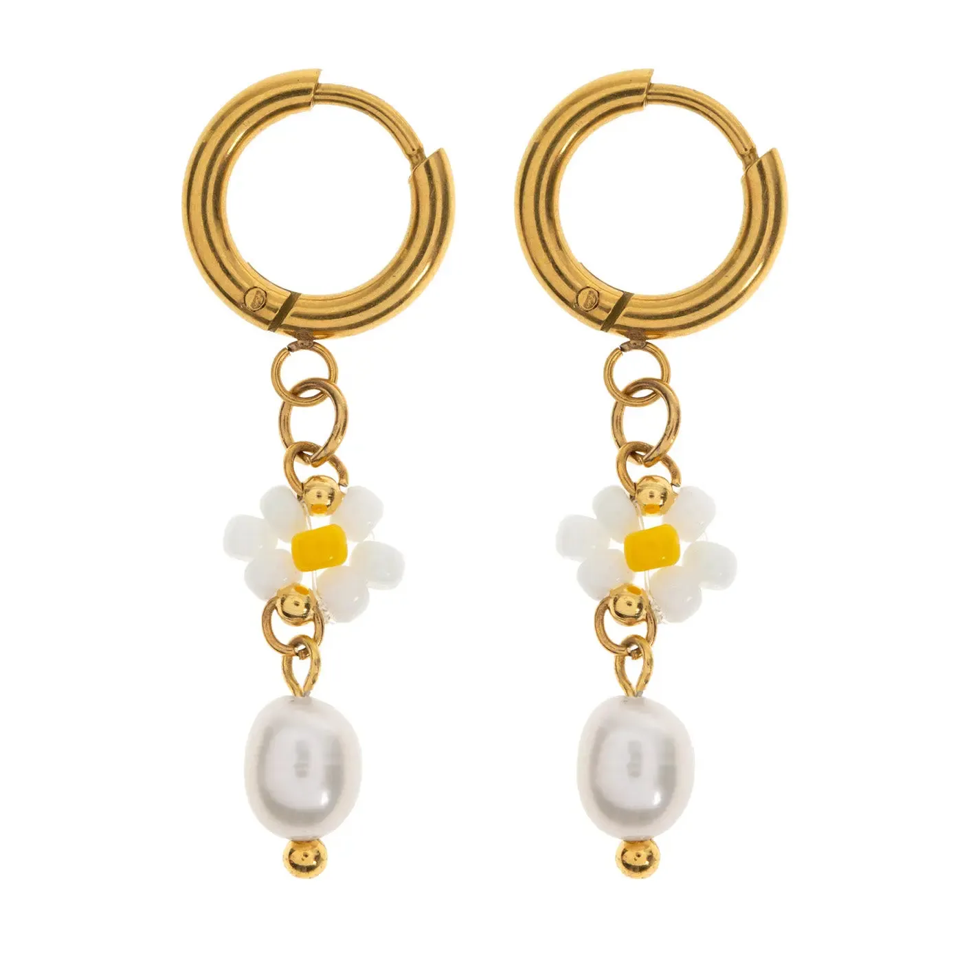 Sigrid - Flower and Pearl White Bead Summer Hoop Earrings