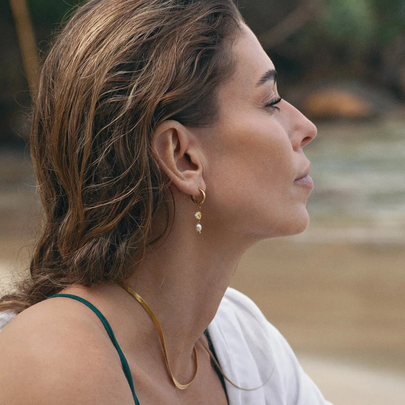 Sigrid - Flower and Pearl White Bead Summer Hoop Earrings