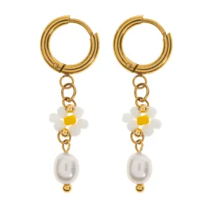 Sigrid - Flower and Pearl White Bead Summer Hoop Earrings
