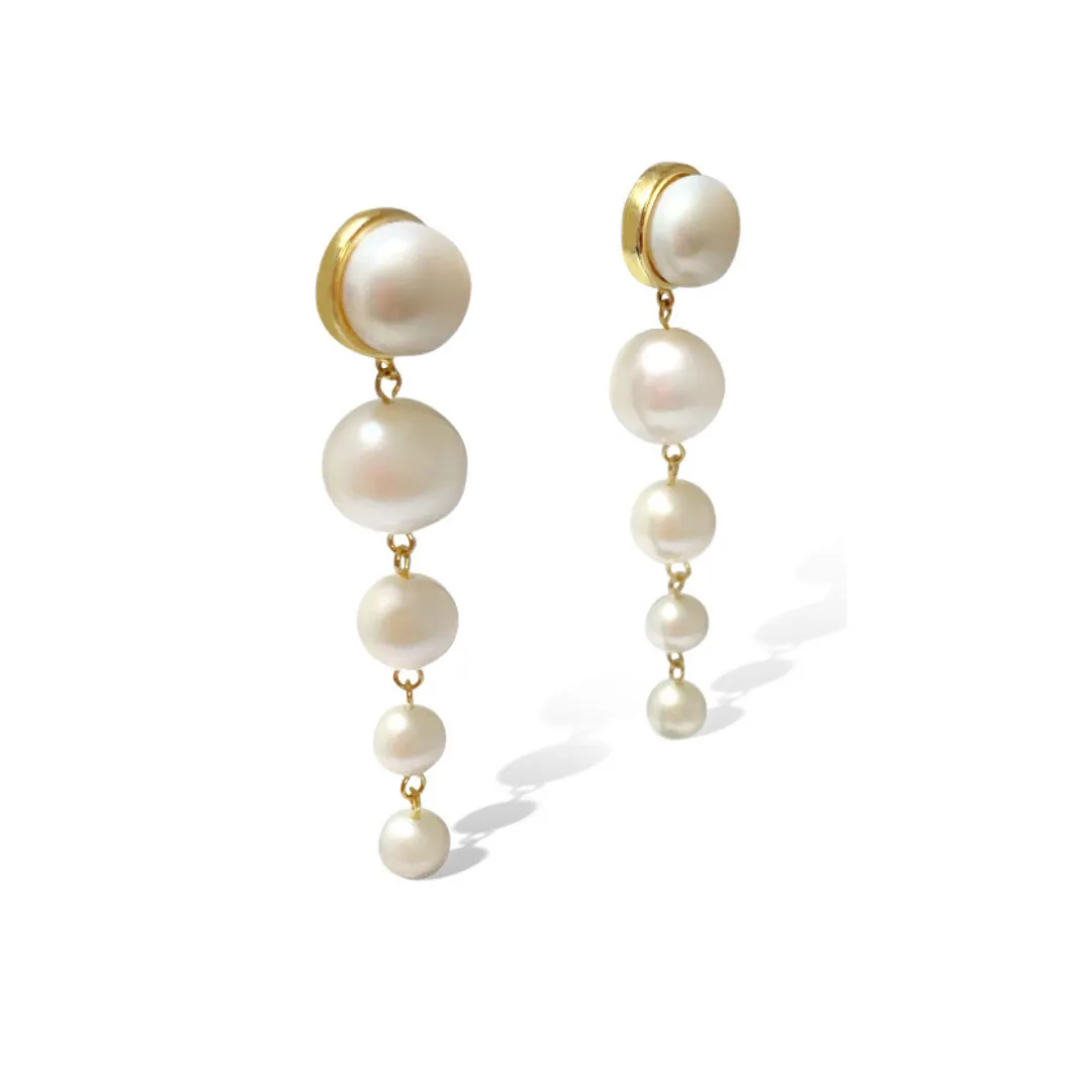 Silver Perle 5 Drop Fresh Water Pearl & Yellow Gold Earrings W/S