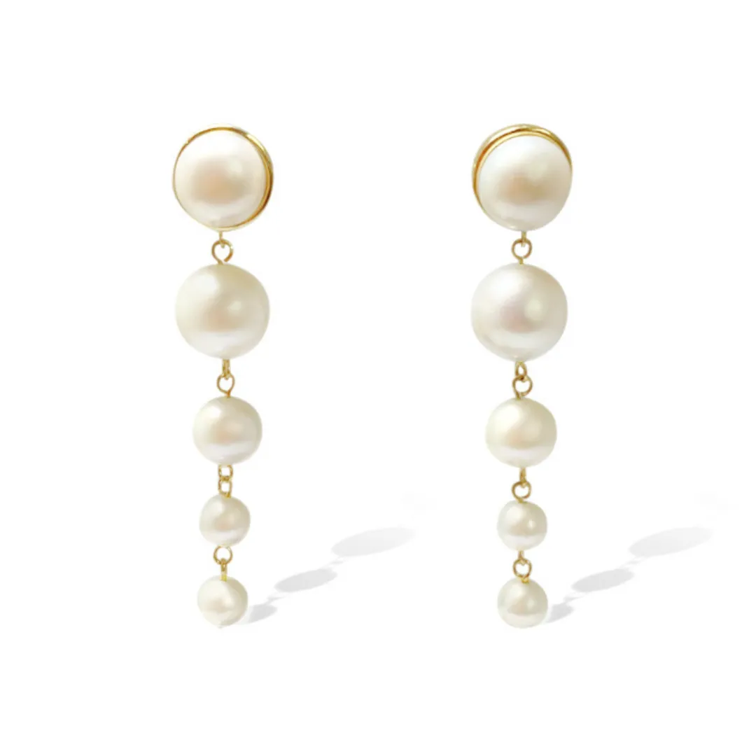 Silver Perle 5 Drop Fresh Water Pearl & Yellow Gold Earrings W/S