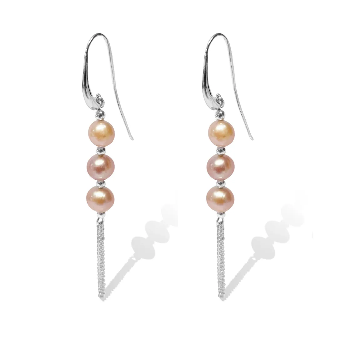 Silver Perle Pink 3 Pearl & Chain Earrings W/S