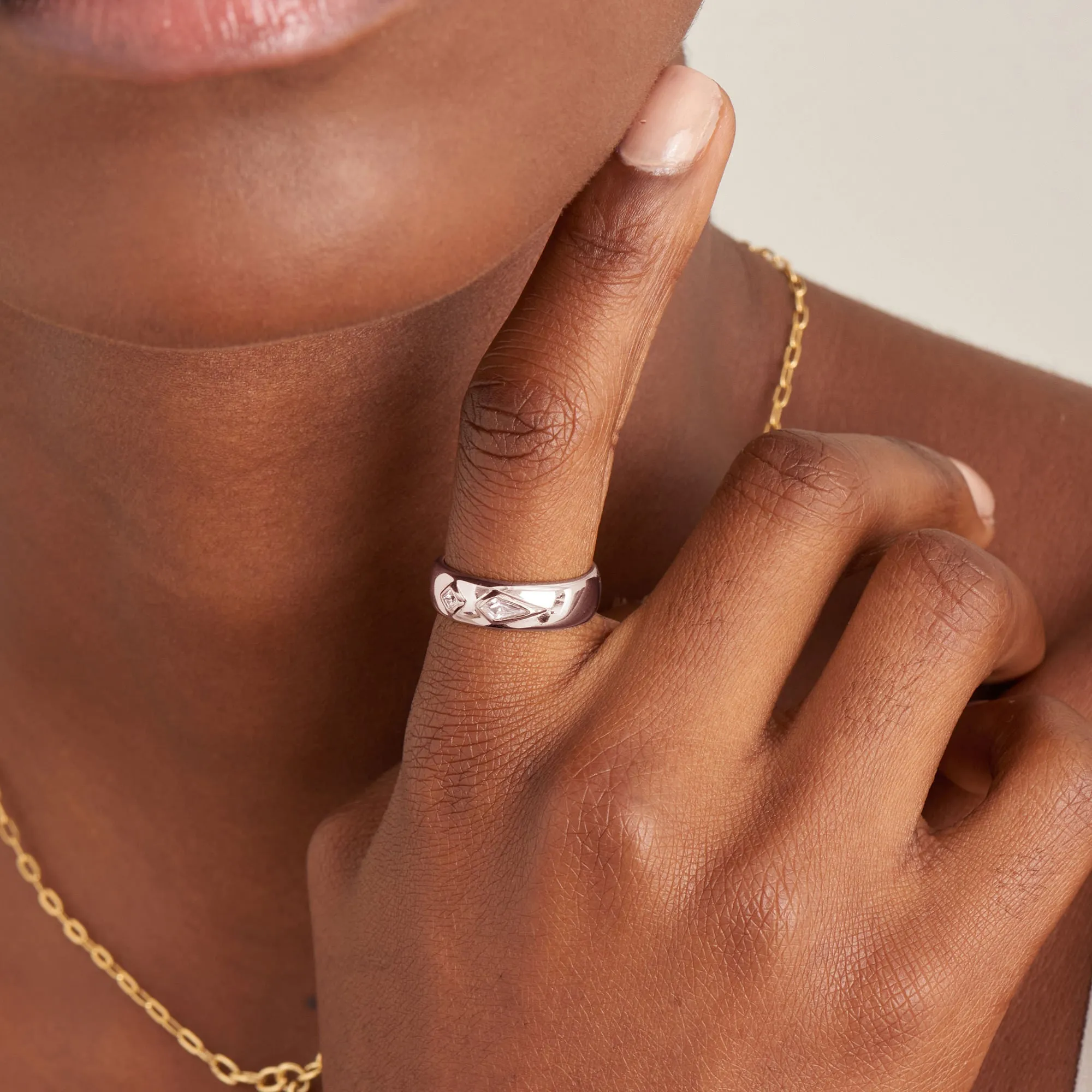Silver Sparkle Emblem Thick Band Ring