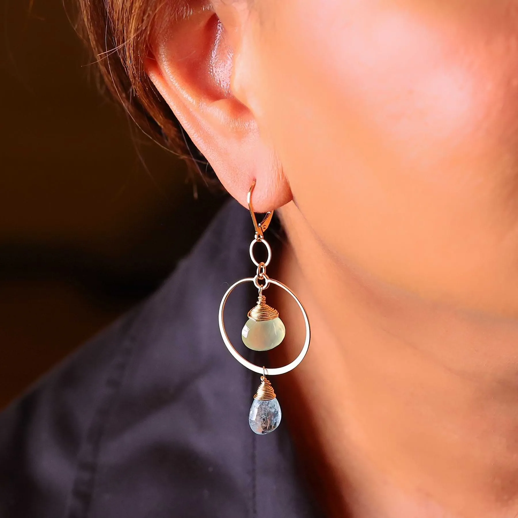 Skye and Lake - Aquamarine and Prehnite Gold Hoop Earrings