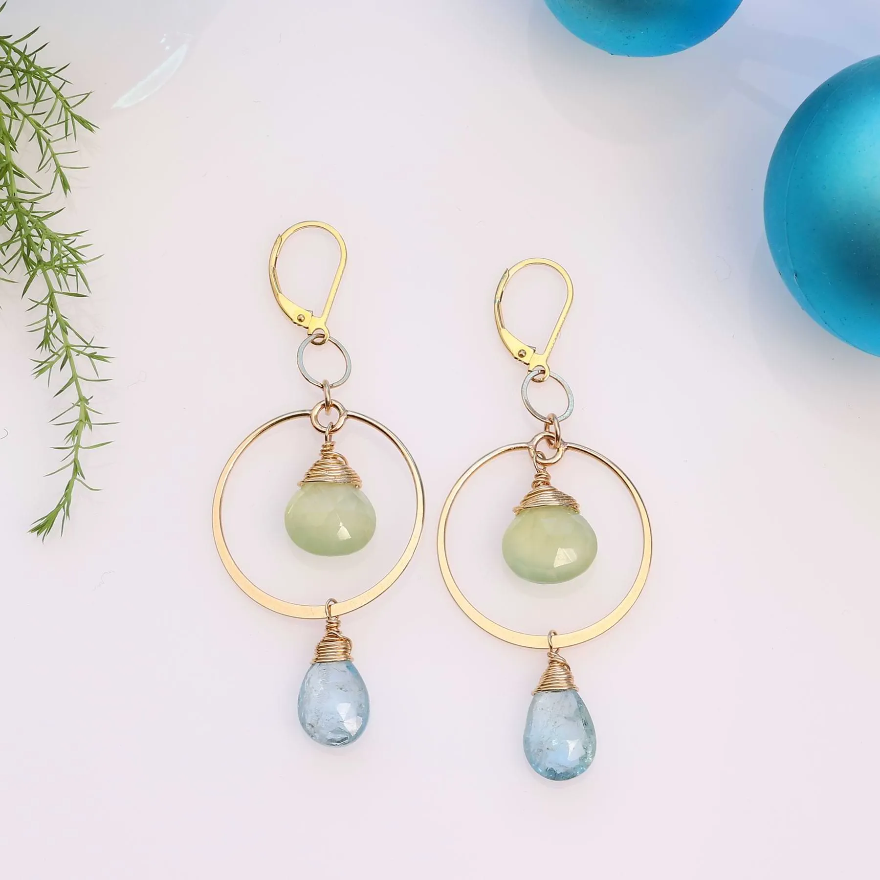Skye and Lake - Aquamarine and Prehnite Gold Hoop Earrings