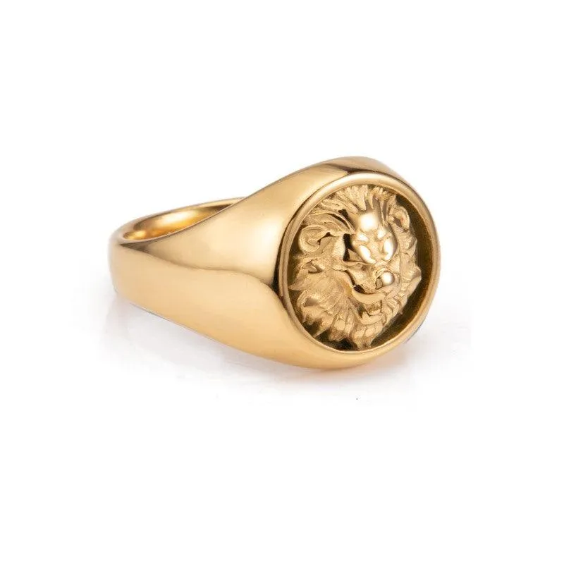 Stainless Steel and Gold Lion Head Ring