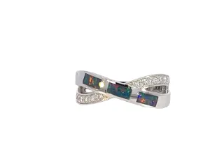 Sterling Silver Opal cross over inlay ring