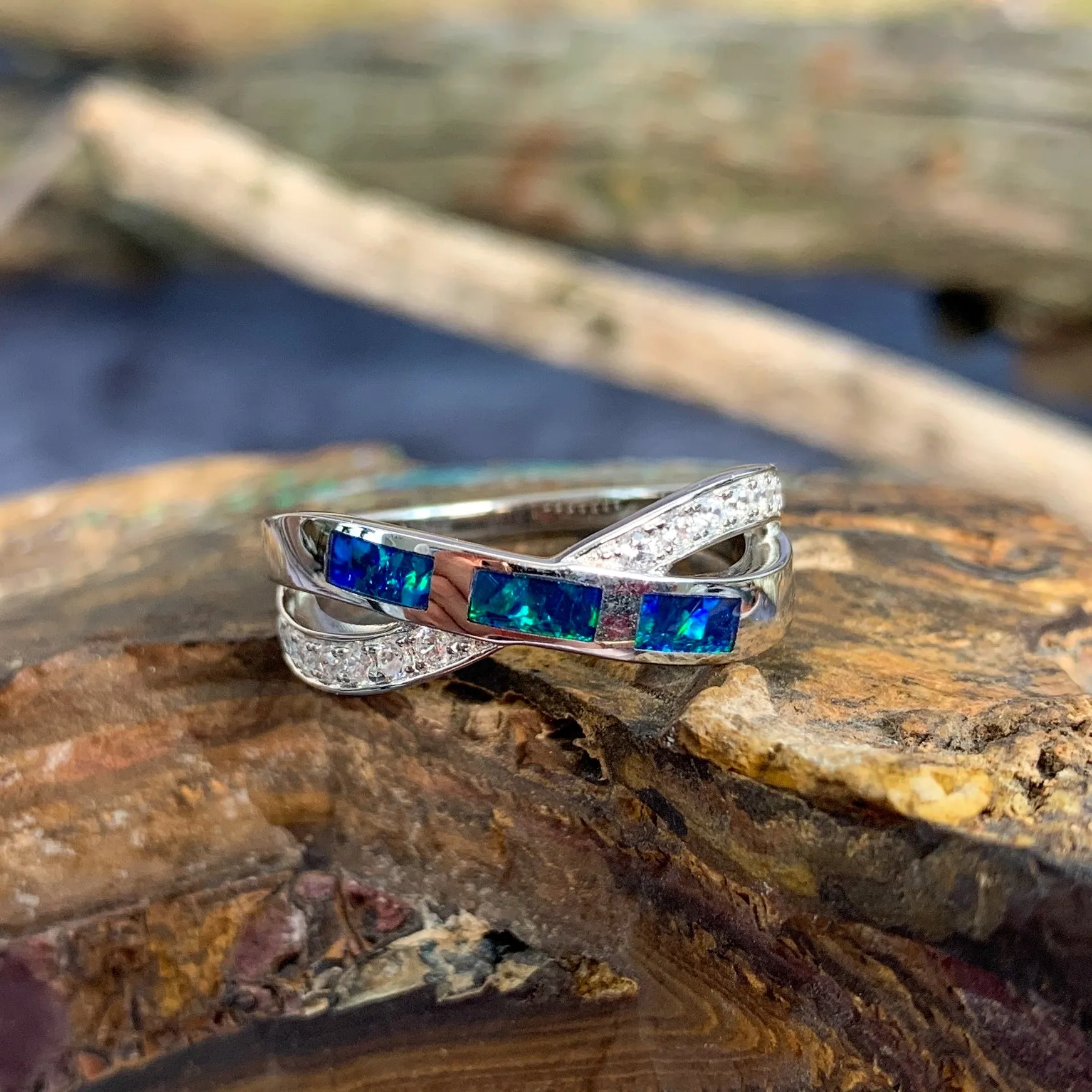 Sterling Silver Opal cross over inlay ring
