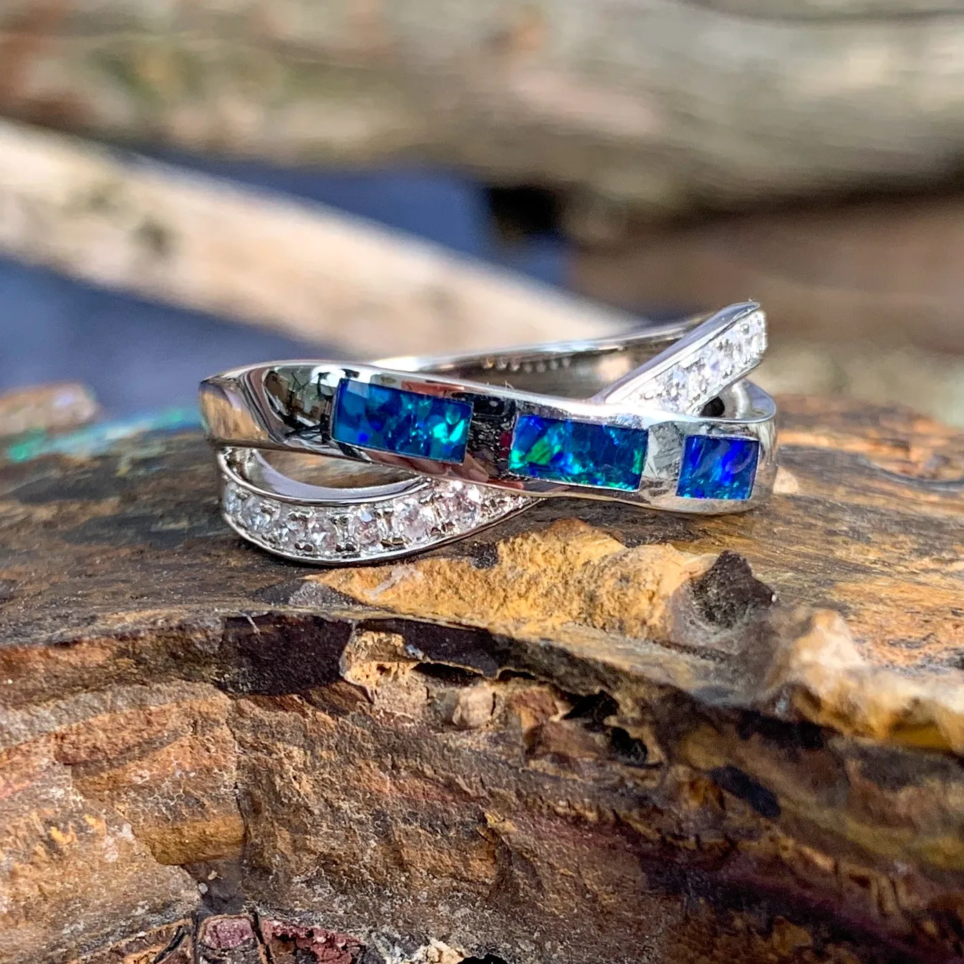 Sterling Silver Opal cross over inlay ring