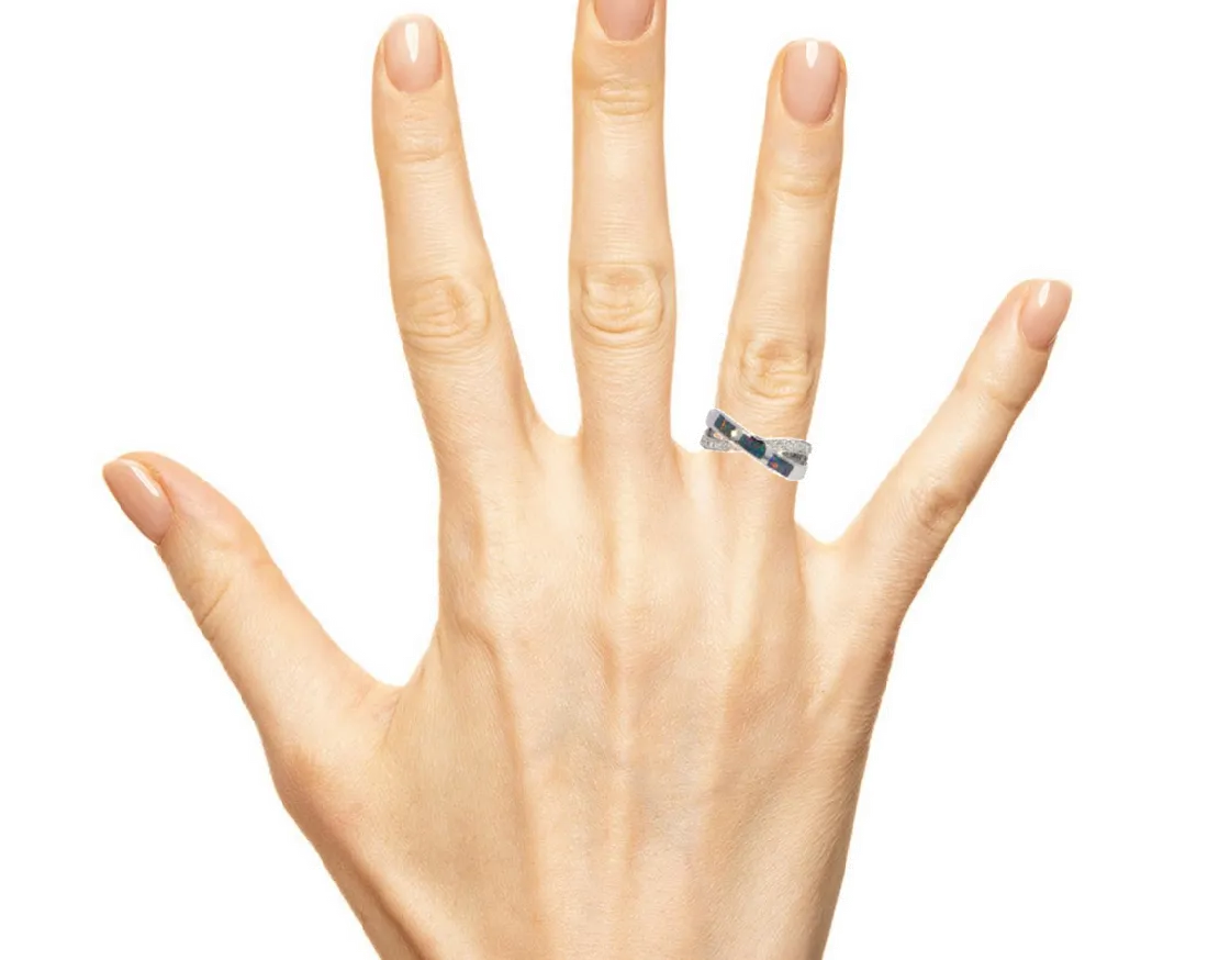 Sterling Silver Opal cross over inlay ring