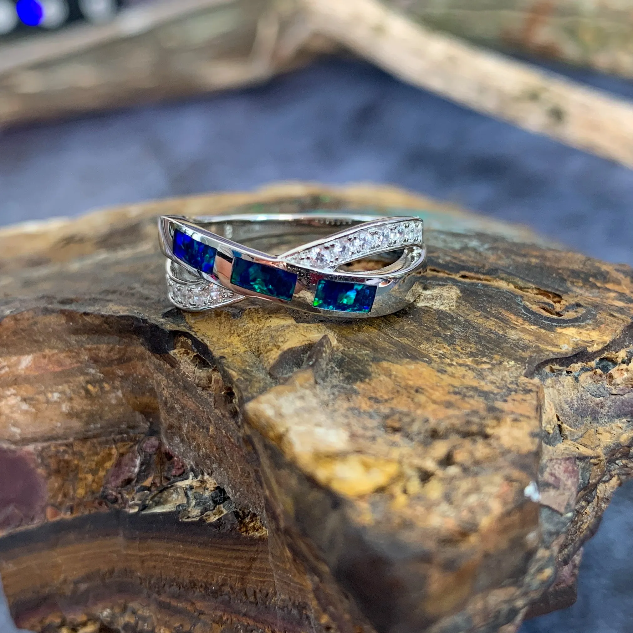 Sterling Silver Opal cross over inlay ring