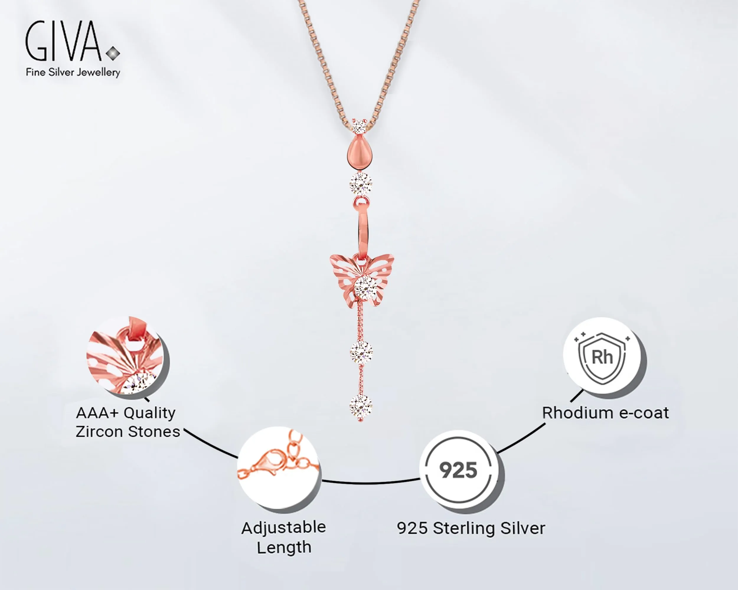 Sterling Silver Rose Gold Charming Butterfly Pendant with Box Chain