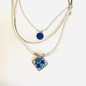 Triple Strand Treasure Chest Medallion Necklace in Blue Hues