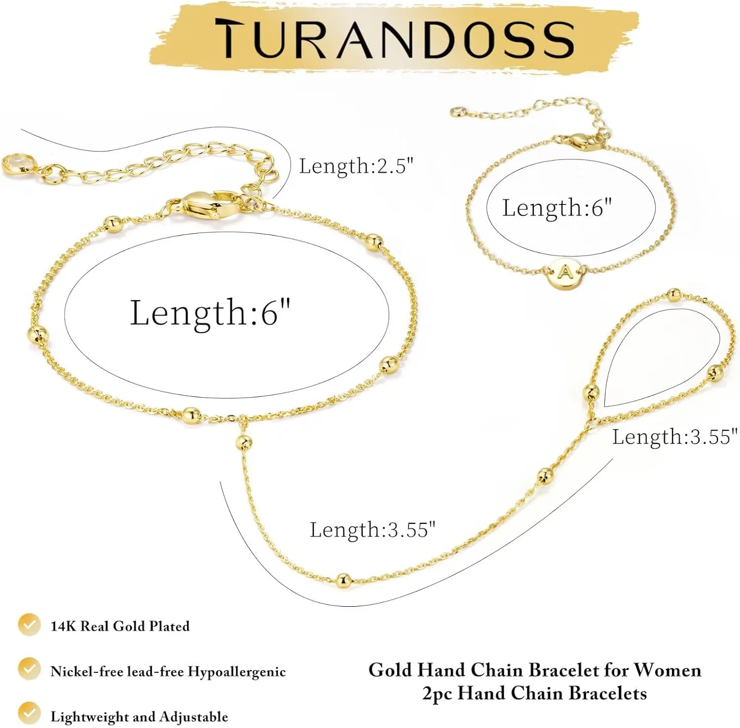 Turandoss Disc Initial Hand Chain Bracelet for Women, Trendy 14K Gold Plated Layered Disc Letter A-Z Ring Link Chain Charm Stackable Bracelet Set Hand Jewelry Gifts for Women