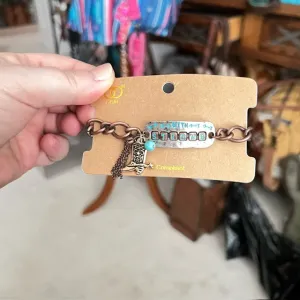 Turquoise Patina Two-Tone 'Strong' Boot Charm Toggle Bracelet