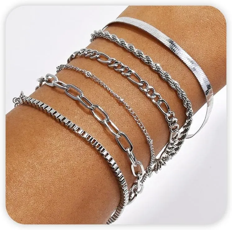 VIBILIA Silver Chain Bracelet Sets for Women Gold Plated Dainty Twist Link Paperclip Bracelets Stackable Adjustable Layered Metal Bracelet Fashion Jewelry