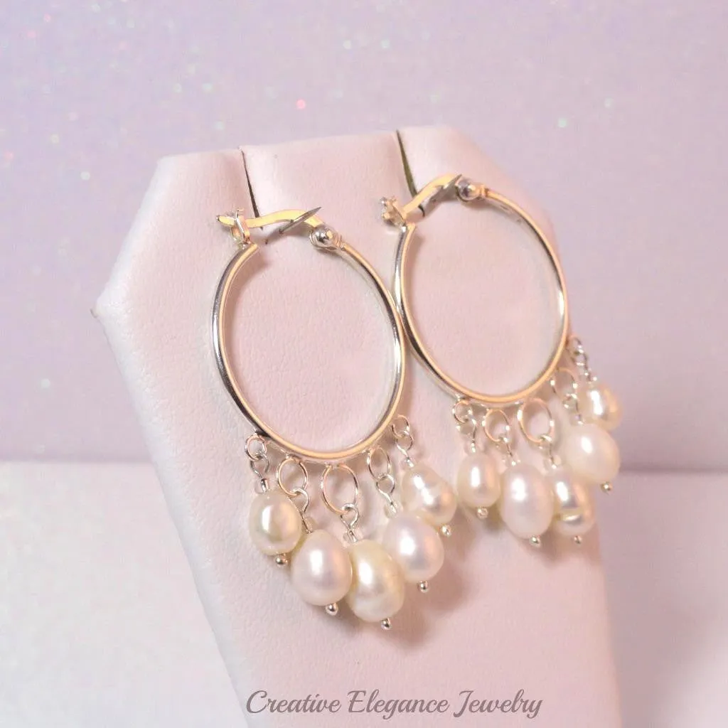 White Fresh Water Pearl, Hoop Earrings, set in 92.5 Sterling Silver