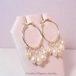 White Fresh Water Pearl, Hoop Earrings, set in 92.5 Sterling Silver