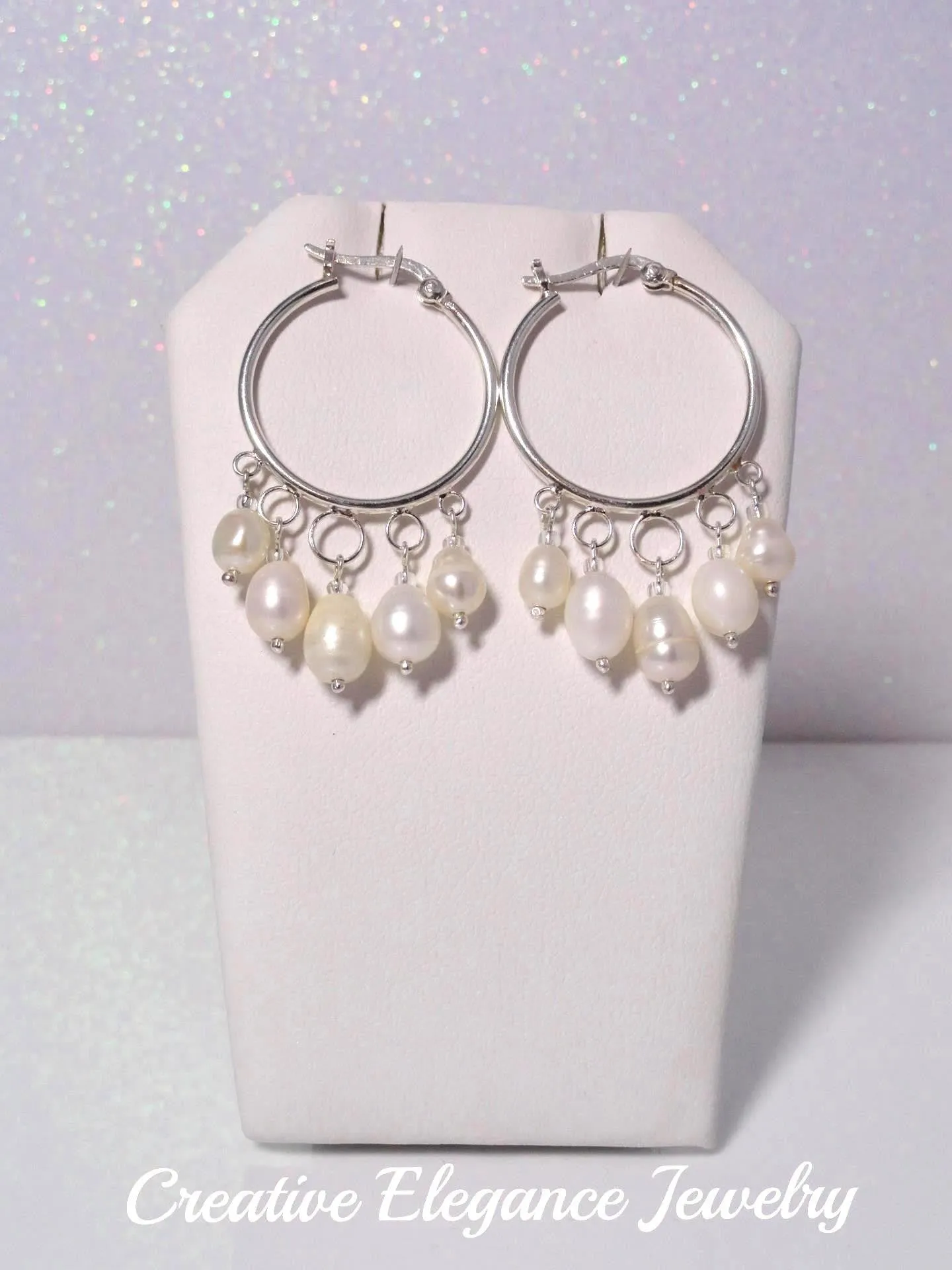 White Fresh Water Pearl, Hoop Earrings, set in 92.5 Sterling Silver