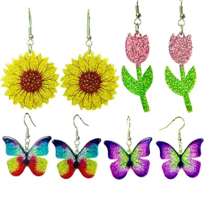 Wholesale 2PCS Fresh Flowers Butterfly Sparkling Acrylic Earrings
