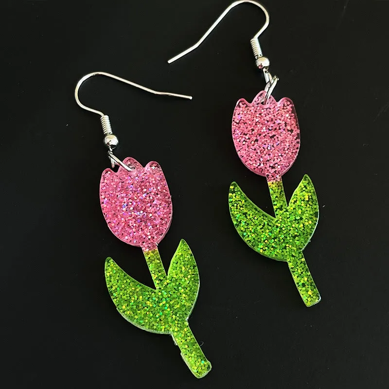 Wholesale 2PCS Fresh Flowers Butterfly Sparkling Acrylic Earrings