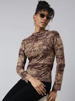 Women Brown Abstract Printed High Neck Studded Fitted Top