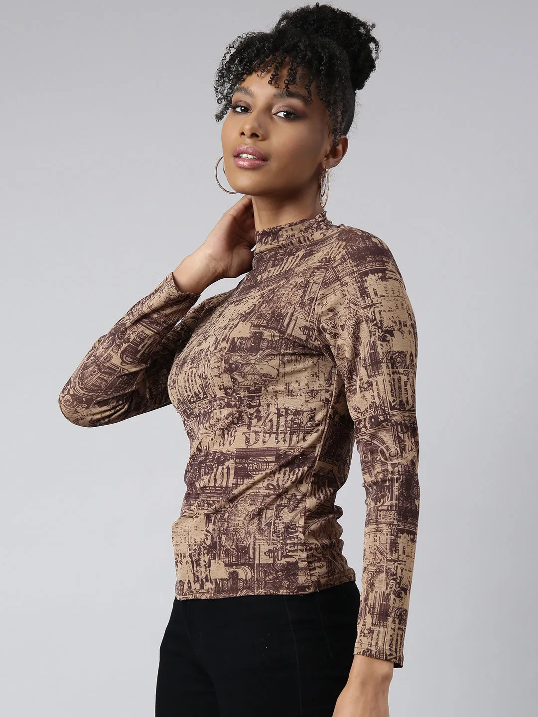 Women Brown Abstract Printed High Neck Studded Fitted Top