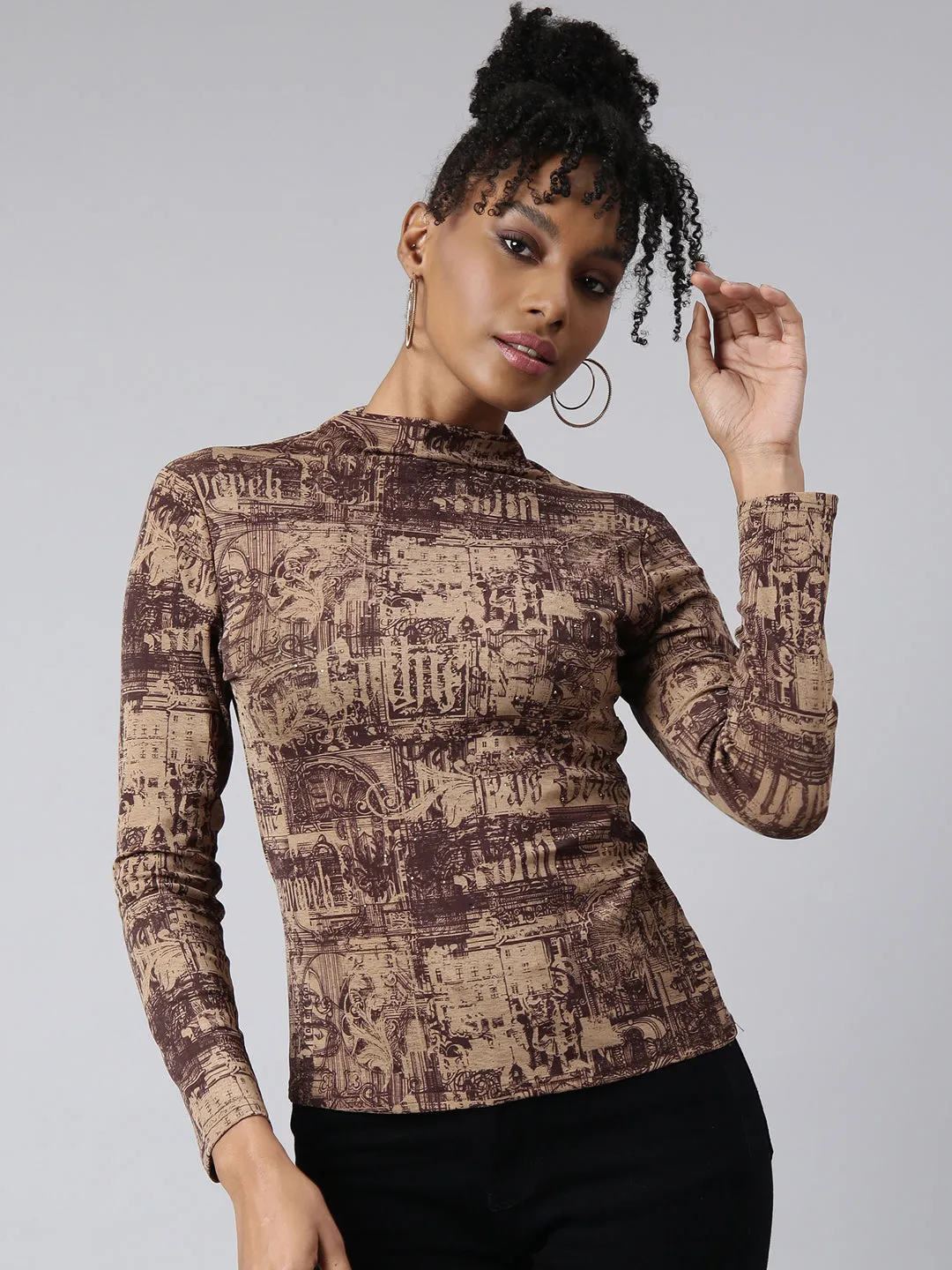 Women Brown Abstract Printed High Neck Studded Fitted Top