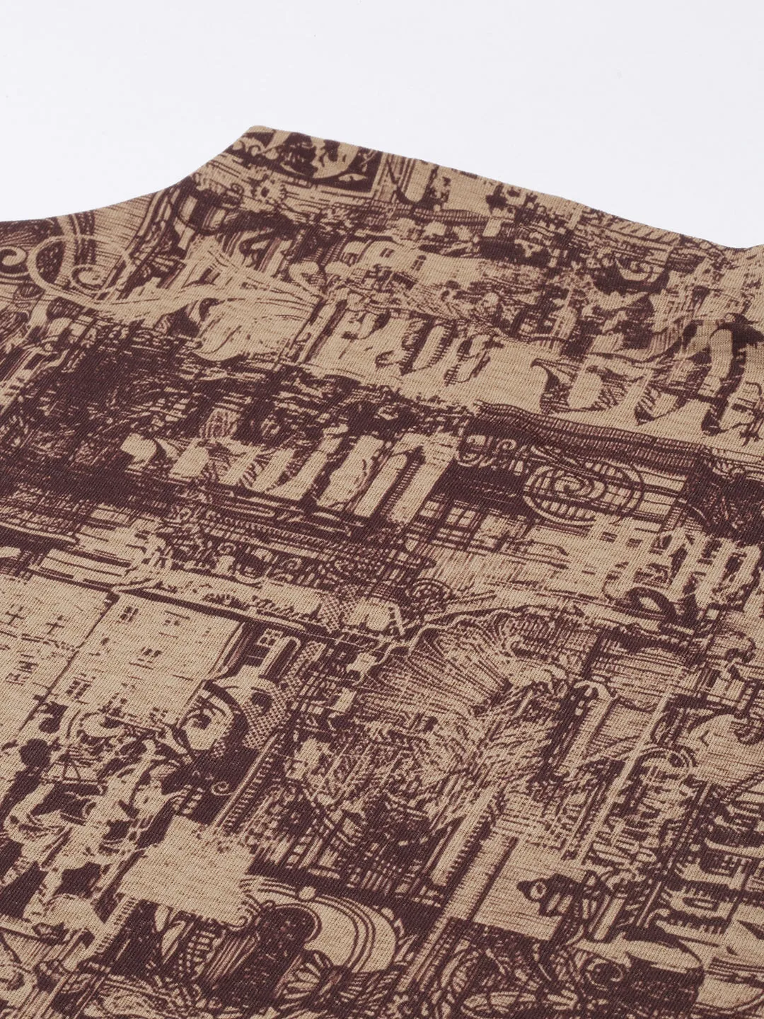 Women Brown Abstract Printed High Neck Studded Fitted Top
