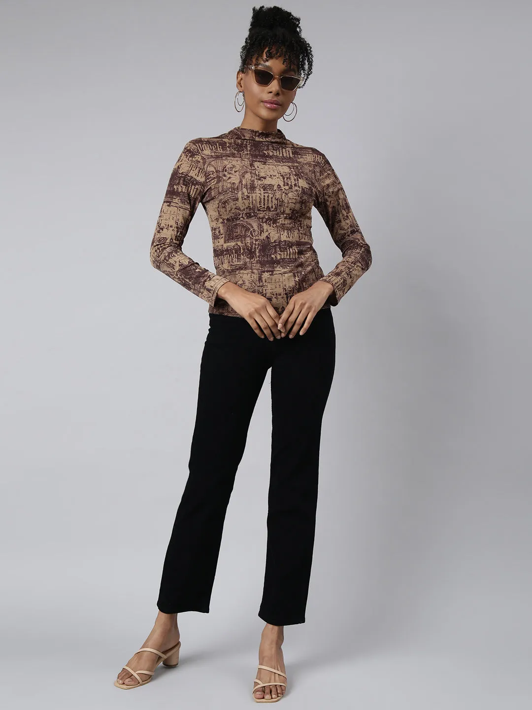 Women Brown Abstract Printed High Neck Studded Fitted Top