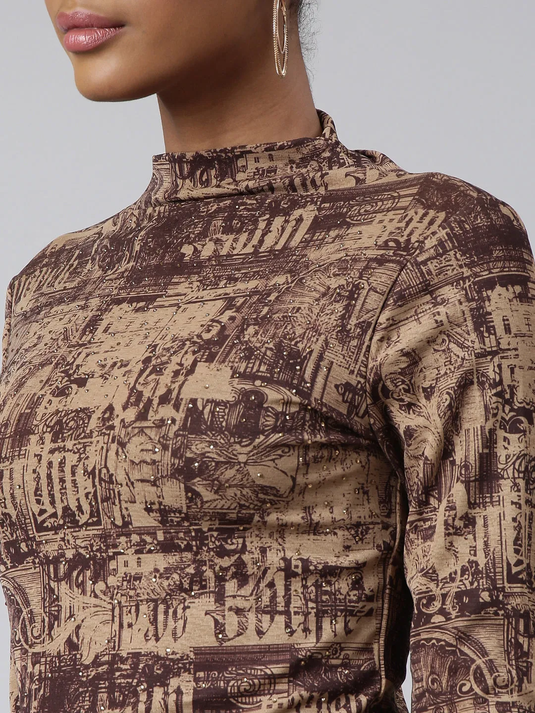 Women Brown Abstract Printed High Neck Studded Fitted Top