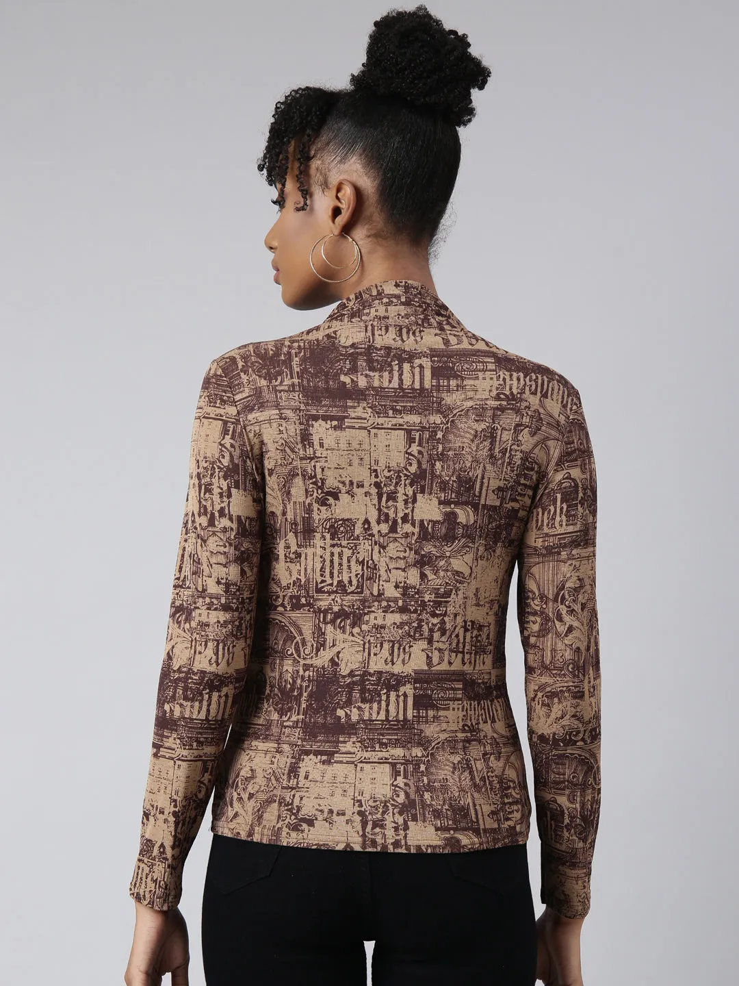 Women Brown Abstract Printed High Neck Studded Fitted Top