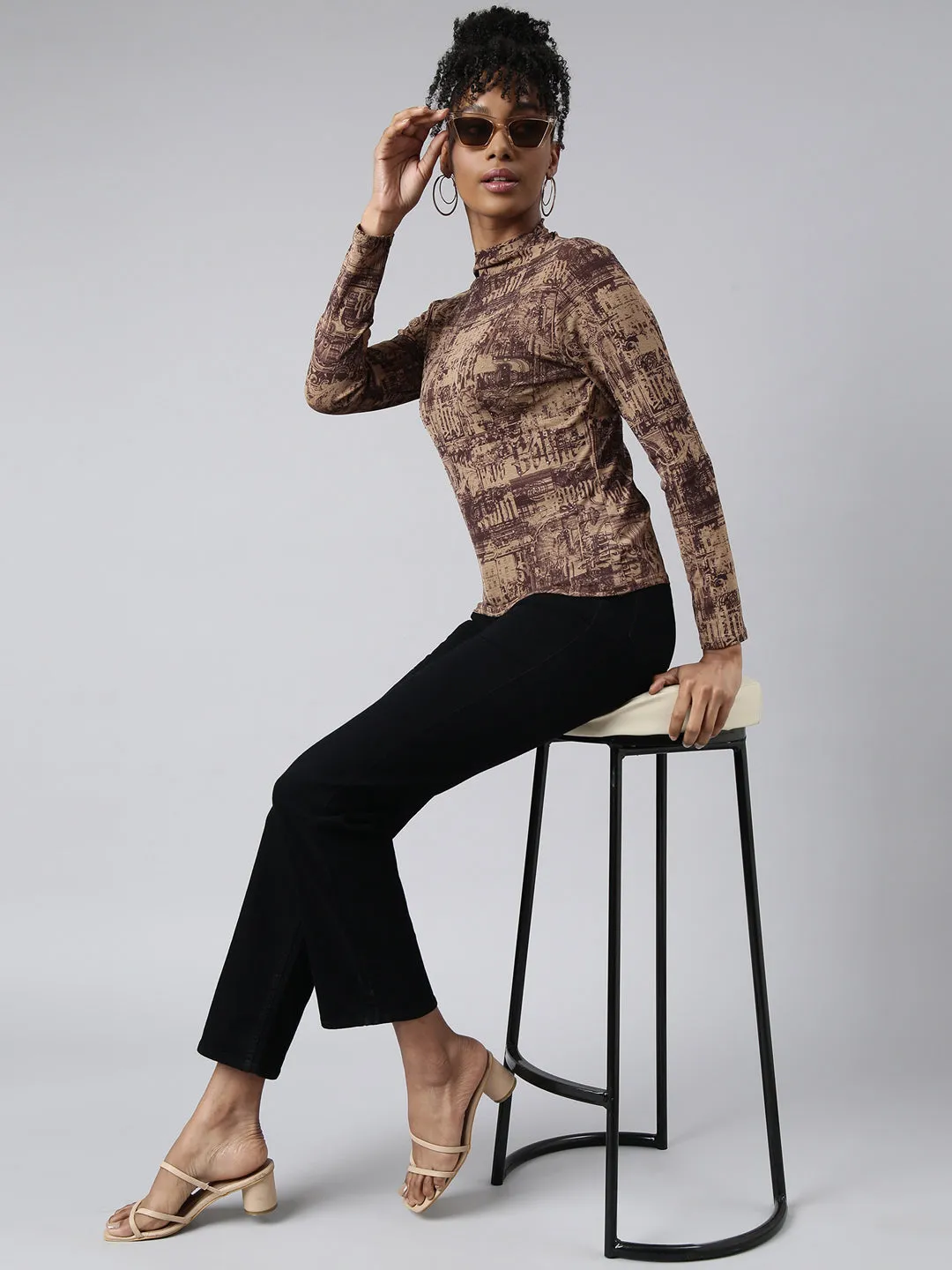 Women Brown Abstract Printed High Neck Studded Fitted Top