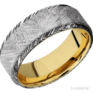 Woodgrain with Acid Finish and Meteorite Inlay and 14K Yellow Gold - 8MM