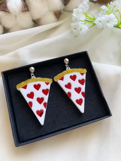 Yummy heart salami pizza earrings | boho style earrings | funky pop art earrings | acrylic art oversize earrings | party food