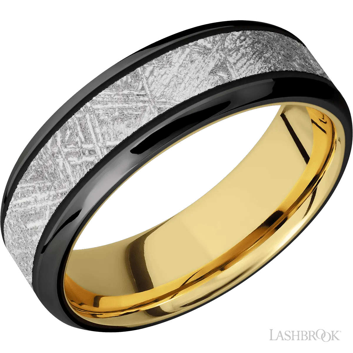 Zirconium with Polish , Polish Finish and Meteorite Inlay and 10K Yellow Gold - 7MM