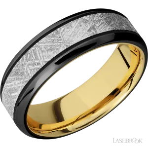 Zirconium with Polish , Polish Finish and Meteorite Inlay and 10K Yellow Gold - 7MM